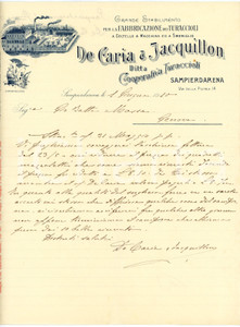 1910 GENOVA - SAMPIERDARENA Cooperativa turaccioli DE CARIA & JACQUILLON Lettera Lettera commerciale d'epoca, su carta intestata, manoscritta, illustrata. CONDIZIONI: FAIR (piegature d'epoca)PAGINE: 1    originale e autentica 1