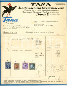 1940 MILANO - TANA Società Anonima Lavorazione Cera - Fattura commerciale Fattura commerciale d'epoca, su carta intestata, dattiloscritta, illustrata.CONDIZIONI: FAIR (piegature d'epoca, piccolo strappo al margine destro)PAGINE: 1    originale e autentica 1