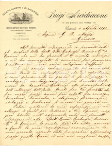 1890 CATANIA Luigi ARCIDIACONO Agenzia generale spedizioni Lettera commerciale Lettera commerciale d'epoca, su carta intestata, manoscritta.CONDIZIONI: POOR (piegature d'epoca, strappo al margine destro)PAGINE: 1    originale e autentica 1