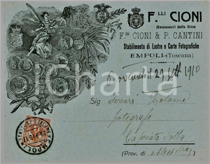 1910 EMPOLI Stabilimento Fratelli CIONI Lastre e carte fotografiche - Busta Busta d'epoca illustrata. CONDIZIONI: FAIR (gualciture d'epoca)    originale e autentica 1