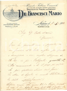 1922 MILANO Mario DE FRANCISCI Premiata fabbrica turaccioli *Lettera commerciale Lettera commerciale d'epoca, su carta intestata, manoscritta, illustrata. CONDIZIONI: FAIR (piegature d'epoca, lievi bruniture)PAGINE: 1    originale e autentica 1
