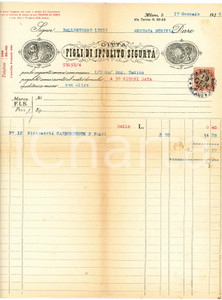 1925 MILANO - Ditta Figli di Ippolito SIGURTÀ - Ferramenta, serrature - Fattura Fattura commerciale d'epoca, dattiloscritta, su carta intestata.Milano - via Torino, 66-68Presente marca da bollo.CONDIZIONI: F (piegature d'epoca, ingiallimento lungo la linea di piegatura)PAGINE: 1    originale e autentica 1