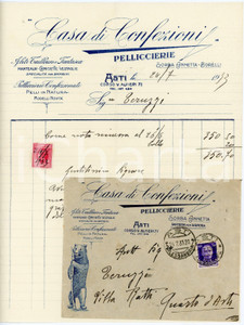 1933 ASTI - Annetta SORBA - Casa di confezioni, pelliccerie - Fattura Fattura commerciale d'epoca, manoscritta, su carta intestata.Busta intestata, illustrata e viaggiata.Asti - corso Vittorio Alfieri, 71Presente marca da bollo. CONDIZIONI: F (piegature d'epoca. Busta con lieve ingiallimento)PAGINE: 1    originale e autentica 1