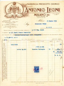 1935 MILANO  Antonio LEONI - Fabbrica prodotti chimici ^Fattura intestata Fattura commerciale d'epoca, dattiloscritta, su carta intestata illustrata.Marca da bollo.Milano - Viale Monza 78CONDIZIONI: P (piegature d'epoca; strappi al lato destro)PAGINE: 1    originale e autentica 1