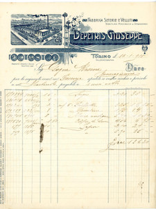 1915 TORINO Giuseppe DEPETRIS - Fabbrica seterie velluti ^Fattura intestata Fattura commerciale d'epoca, manoscritta , su carta intestata illustrata.Torino - Galleria SubalpinaCONDIZIONI: P (piegature d'epoca; minimi fori all'angolo superiore sinistro; minimi strappi al lato sinistro)PAGINE: 1    originale e autentica 1