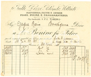 1910 TORINO - L. BONINO fu Felice - Biancheria, nastri e seterie - Fattura Fattura commerciale d'epoca, a stampa con inserti manoscritti, su carta intestata.Torino - via Garibaldi, 9CONDIZIONI: F (piegature d'epoca e piccolo strappo al lato sinistro)PAGINE: 1    originale e autentica 1