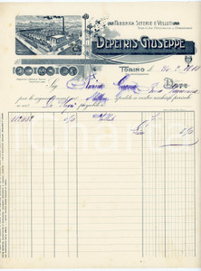 1910 TORINO Giuseppe DEPETRIS - Seterie e velluti ^Fattura carta intestata Fattura commerciale d'epoca, manoscritta , su carta intestata illustrata.Torino - Galleria SubalpinaCONDIZIONI: P (piegature d'epoca; piccoli fori all'angolo superiore sinistro; minimo strappo al lato superiore; inchiostro leggermente sbavato)PAGINE: 1    originale e autentica 1