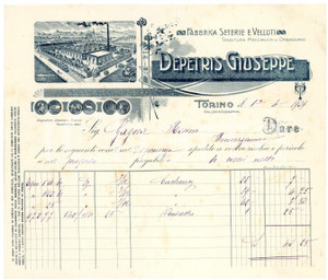 1909 TORINO Giuseppe DEPETRIS Fabbrica seterie velluti ^Fattura carta intestata Fattura commerciale d'epoca, manoscritta , su carta intestata illustrata.Torino - Galleria SubalpinaCONDIZIONI: F (piegature d'epoca; piccoli fori all'angolo superiore sinistro)PAGINE: 1    originale e autentica 1