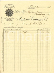 1915 TORINO - Antonio CAUVIN & C. - Biancherie, maglierie, cravatte - Fattura Fattura commerciale d'epoca, a stampa con inserti manoscritti, su carta intestata illustrata.Torino - via Garibaldi n.8CONDIZIONI: F (piegature d'epoca, piccolo strappo al lato sinistro e piccoli fori all'angolo superiore sinistro)PAGINE: 1    originale e autentica 1
