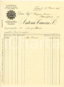 1915 TORINO Antonio CAUVIN & C. - Biancherie e stoffe - Fattura intestata Fattura commerciale d'epoca, manoscritta , su carta intestata.Torino - via Garibaldi 8CONDIZIONI: F (piegature d'epoca e forellini all'angolo superiore sinistro)PAGINE: 1    originale e autentica 1