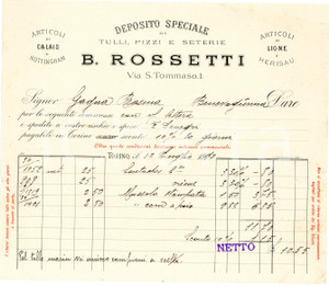 1910 TORINO - B. ROSSETTI via San Tommaso 1  - Tulli, pizzi e seterie - Fattura Fattura commerciale d'epoca, a stampa con inserti manoscritti, su carta intestata.Torino - via S. Tommaso, 1CONDIZIONI: F (piegature d'epoca e piccolo strappo al lato destro)PAGINE: 1    originale e autentica 1