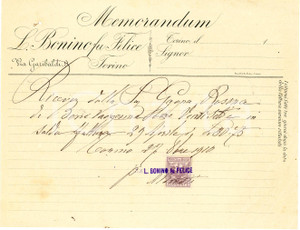 1910 ca. TORINO - L. BONINO fu Felice - via Garibaldi 9 - Seteria *Memorandum Memorandum d'epoca, manoscritto, su carta intestata.CONDIZIONI: F (piegature d'epoca e piccoli fori all'angolo superiore sinistro)PAGINE: 1    originale e autentica 1