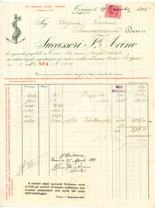 1915 TORINO Successori F.lli ACINO - Stoffe - Fattura su carta intestata Fattura commerciale d'epoca, manoscritta , su carta intestata.Torino - via Brofferio 3CONDIZIONI: F (piegature d'epoca)PAGINE: 4 (2 facciate scritte)    originale e autentica 1