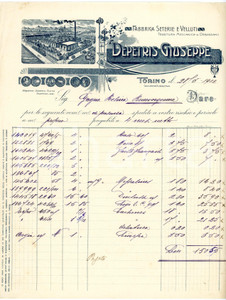 1912 TORINO ORBASSANO - Giuseppe DEPETRIS - Fabbrica seterie e velluti - Fattura Fattura commerciale d'epoca, a stampa con inserti manoscritti, su carta intestata illustrata.Torino - Galleria SubalpinaCONDIZIONI: F (piegature d'epoca, piccoli strappi al lato superiore e destro)PAGINE: 1    originale e autentica 1