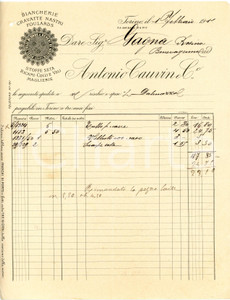 1911 TORINO Antonio CAUVIN & C. Biancherie e stoffe - Fattura su carta intestata Fattura commerciale d'epoca, manoscritta , su carta intestata.Torino - via Garibaldi 8CONDIZIONI: F (piegature d'epoca e fori all'angolo superiore sinistro)PAGINE: 1    originale e autentica 1