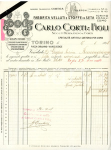 1918 TORINO - Carlo CORTI & Figli - Sartoria per uomo, stoffe in seta - Fattura Fattura commerciale d'epoca, a stampa con inserti manoscritti, su carta intestata illustrata.Torino - piazza Carignano CONDIZIONI: F (piegature d'epoca, piccoli fori all'angolo superiore sinistro, residui di carta colorata al lato sinistro)PAGINE: 1    originale e autentica 1
