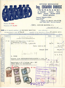 1940 TORINO Ing. Edgardo DUBOSC Officine meccaniche - Fattura Fattura commerciale d'epoca, dattiloscritta, su carta intestata.Presente marca da bollo.CONDIZIONI: FAIR (piegature d'epoca e fori da classificatore al margine sinistro)PAGINE: 1    originale e autentica 1