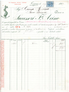1919 TORINO Successori F.lli ACINO - Stoffe - Fattura su carta intestata Fattura commerciale d'epoca, manoscritta, su carta intestata.Torino - via Brofferio 3CONDIZIONI: P (piegature d'epoca; piccoli fori all'angolo superiore sinistro)PAGINE: 1    originale e autentica 1