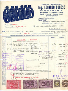 1940 TORINO Ing. Edgardo DUBOSC Officine meccaniche - Fattura per tornitura Fattura commerciale d'epoca, dattiloscritta, su carta intestata.Presente marca da bollo.CONDIZIONI: POOR (piegature d'epoca e fori da classificatore al margine sinistro, lievi strappi al margine sinistro)PAGINE: 1    originale e autentica 1