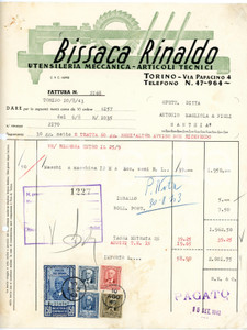 1943 TORINO Rinaldo BISSACA Utensileria meccanica *Fattura Fattura commerciale d'epoca, dattiloscritta , su carta intestata.Torino -Via Papacino 4Presente marca da bollo.CONDIZIONI: POOR (piegature d'epoca, fori da classificatore al margine sinistro, mancanza e forellini al margine sinistro)PAGINE: 1    originale e autentica 1