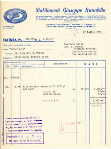 1951 CALOLZIOCORTE - Stabilimenti Giuseppe BRAMBILLA - Acciaio *Fattura Fattura commerciale d'epoca, dattiloscritta, su carta intestata illustrata.Milano - via Luca Della Robbia, 10CONDIZIONI: F (piegature d'epoca, fori da classificatore al lato sinistro)PAGINE: 1    originale e autentica 1
