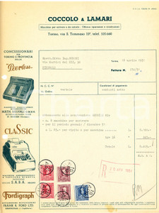 1951 TORINO - COCCOLO & LAMARI - Macchine per scrivere - Fattura intestata Fattura commerciale d'epoca, dattiloscritta, su carta intestata illustrata.Torino - via S. Tommaso 23 Presenti marche da bollo.CONDIZIONI: F (piegature d'epoca, fori da classificatore al lato sinistro)PAGINE: 1    originale e autentica 1