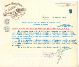 1945 GENOVA - Antonio SACCO via Bobbio 12 - Concerie in pellami *Lettera Lettera commerciale d'epoca, dattiloscritta, su carta intestata.CONDIZIONI: F (piegature d'epoca, piccoli fori all'angolo superiore sinistro)PAGINE: 1    originale e autentica 1