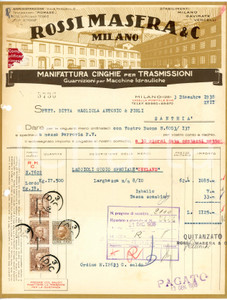 1938 MILANO - ROSSI MASERA & C. - Guarnizioni per macchine idrauliche - Fattura Fattura commerciale d'epoca, dattiloscritta , su carta intestata illustrata.Milano - viale Pasubio, 8CONDIZIONI: VP (piegature d'epoca, fori da classificatore al margine sinistro, piccoli fori all'angolo superiore sinistro, strappi evidenti ai lati)PAGINE: 1    originale e autentica 1
