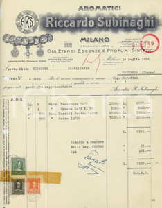 1956 MILANO - Riccardo SUBINAGHI via Pellegrino Rossi 96 - Aromatici - Fattura Fattura commerciale d'epoca, dattiloscritta, su carta intestata illustrata.CONDIZIONI: VP (piegature d'epoca, fori da classificatore al lato sinistro, piccola mancanza all'angolo superiore sinistro, piccoli strappi al lato destro e nastro adesivo applicato nella parte inferiore)PAGINE: 1    originale e autentica 1