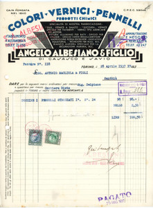 1937 TORINO - Angelo ALBESIANO & Figlio v. Mercanti 6 - Colori, vernici *Fattura Fattura commerciale d'epoca, dattiloscritta, su carta intestata.CONDIZIONI: P (piegature d'epoca, fori da classificatore al margine sinistro, lievi fioriture)PAGINE: 1    originale e autentica 1