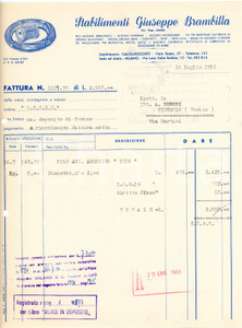 1951 CALOLZIOCORTE - Stabilimenti Giuseppe BRAMBILLA - Acciaio - Fattura Fattura commerciale d'epoca, dattiloscritta, su carta intestata illustrata.Milano - via Luca Della Robbia, 10CONDIZIONI: F (piegature d'epoca, fori da classificatore al lato sinistro)PAGINE: 1    originale e autentica 1
