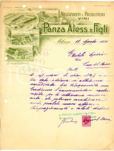 1933 MILANO - Aless. PANZA & Figli  - Negozianti produttori di vini *Lettera Lettera commerciale d'epoca, manoscritta, su carta intestata illustrata.Milano - via Pietrasanta, 12Presente marca da bollo.CONDIZIONI: P (piegature d'epoca, fori da classificatore al lato superiore e sinistro, sbavatura dell'inchiostro)PAGINE: 1    originale e autentica 1