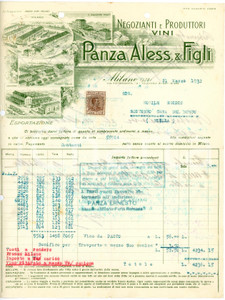 1932 MILANO - Aless. PANZA & Figli  - Negozianti produttori di vini (7) *Fattura Fattura commerciale d'epoca, dattiloscritta, su carta intestata illustrata.Milano - via Pietrasanta, 12Presente marca da bollo.CONDIZIONI: VP (piegature d'epoca, fori da classificatore al lato superiore e sinistro, piccoli strappi al lato inferiore)PAGINE: 1 (2 facciate scritte)    originale e autentica 1
