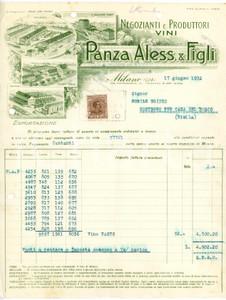 1932 MILANO - Aless. PANZA & Figli  - Negozianti produttori di vini (9) *Fattura Fattura commerciale d'epoca, dattiloscritta, su carta intestata illustrata.Milano - via Pietrasanta, 12Presente marca da bollo.CONDIZIONI: P (piegature d'epoca, fori da classificatore al lato superiore e sinistro)PAGINE: 1 (2 facciate scritte)    originale e autentica 1