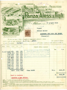 1932 MILANO - Aless. PANZA & Figli  - Negozianti produttori di vini (10) *Fattura Fattura commerciale d'epoca, dattiloscritta, su carta intestata illustrata.Milano - via Pietrasanta, 12Presente marca da bollo.CONDIZIONI: P (piegature d'epoca, fori da classificatore al lato superiore e sinistro, piccoli fori all'angolo superiore sinistro)PAGINE: 1 (2 facciate scritte)    originale e autentica 1