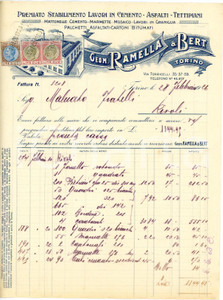 1926 TORINO - RAMELLA & BERT via Torricelli 35-39 - Lavori in cemento - Fattura Fattura commerciale d'epoca, a stampa con inserti manoscritti, su carta intestata illustrata.CONDIZIONI: F (piegature d'epoca, piccoli fori all'angolo superiore sinistro)PAGINE: 1    originale e autentica 1
