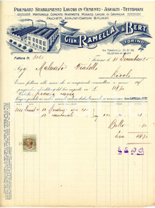 1925 TORINO - RAMELLA & BERT via Torricelli 35-39 - Lavori in cemento *Fattura Fattura commerciale d'epoca, a stampa con inserti manoscritti, su carta intestata illustrata.CONDIZIONI: P (piegature d'epoca, piccoli fori all'angolo superiore sinistro, lieve ingiallimento al lato inferiore)PAGINE: 1    originale e autentica 1