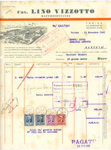 1941 TORINO - Cav. Lino VIZZOTTO via Borgone 42 - Carta abrasiva - Fattura Fattura commerciale d'epoca, dattiloscritta, su carta intestata illustrata.CONDIZIONI: VP (piegature d'epoca, fori da classificatore al lato sinistro, piccoli fori con tracce di ruggine all'angolo superiore sinistro,  piccole macchie e tracce d'umidit&agrave; diffuse al lato destro)PAGINE: 1    originale e autentica 1