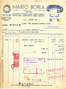 1941 TORINO - Mario BORLA via Tarino 9 - Cuoio, cinghia snodabile (10) *Fattura Fattura commerciale d'epoca, dattiloscritta, su carta intestata illustrata.CONDIZIONI: P (piegature d'epoca, fori da classificatore al lato sinistro, piccoli fori con tracce di ruggine all'angolo superiore sinistro, piccoli strappi ai lati inferiore e sinistro).PAGINE: 1    originale e autentica 1
