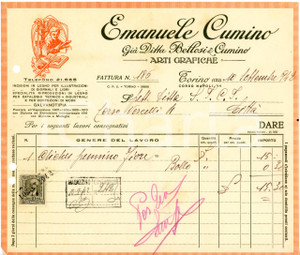 1942 TORINO - Emanuele CUMINO corso Napoli 14 - Arti grafiche (5) - Fattura Fattura commerciale d'epoca, manoscritta, su carta intestata illustrata.CONDIZIONI: F (piegature d'epoca, fori da classificatore al lato sinistro)PAGINE: 1    originale e autentica 1