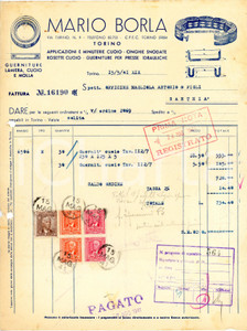 1941 TORINO - Mario BORLA via Tarino 9 - Cuoio, cinghia snodabile (3) *Fattura Fattura commerciale d'epoca, dattiloscritta, su carta intestata illustrata.CONDIZIONI: P (piegature d'epoca, fori da classificatore al lato sinistro, piccoli fori con tracce di ruggine all'angolo superiore sinistro e piccoli strappi ai lati inferiore e sinistro).PAGINE: 1    originale e autentica 1