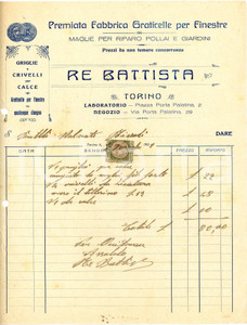 1924 TORINO - Re BATTISTA via Porta Palatina 29 - Grate per finestre  *Fattura Fattura commerciale d'epoca, manoscritta, su carta intestata illustrata.CONDIZIONI: F (piegature d'epoca, fori da classificatore al lato sinistro, piccolo strappo al lato destro).PAGINE: 1    originale e autentica 1