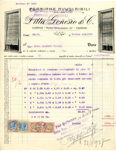 1926 TORINO - Alfonso BIFFI c.so Orbassano 72 - Persiane avvolgibili *Fattura Fattura commerciale d'epoca, dattiloscritta, su carta intestata illustrata.Cassato a penna il nome del proprietario precedente: "Genesio &amp; C.".CONDIZIONI: F (piegature d'epoca, piccoli fori all'angolo superiore sinistro).PAGINE: 1    originale e autentica 1