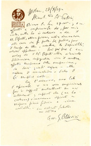 1949 MILANO Lettera Guido ALBERICI - Società Artisti e Patriottica AUTOGRAFO (13) Lettera interamente autografa di Guido Alberici, avvocato, relativa a una questione lavorativa.Su carta intestata "Societ&agrave; Artisti e Patriottica".CONDIZIONI: F (piegatura centrale d'epoca; fori da classificatore al lato sinistro)PAGINE: 1     originale e autentica 1
