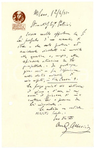 1951 MILANO Lettera Guido ALBERICI - Società Artisti e Patriottica AUTOGRAFO (6) Lettera interamente autografa di Guido Alberici, avvocato, relativa a una questione lavorativa di ambito legale.Su carta intestata "Societ&agrave; Artisti e Patriottica".CONDIZIONI: fair (piegatura centrale; fori da classificatore al lato sinistro)PAGINE: 1     originale e autentica 1