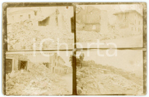 1918 WW1 ZONA DI GUERRA - CARSO (?) Paese distrutto - Foto cartolina 14x9 cm Fotografia originale d'epoca, in formato cartolina postale, realizzata dall'unione di quattro differnti immagini.CONDIZIONI: P (piegature angolari e lievi danni da umidit&agrave;)FORMATO: 14x9 cm    originale e autentica 1