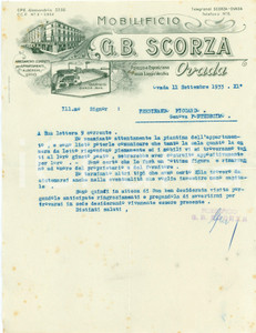 1933 OVADA (AL) - G.B. SCORZA piazza Loggia Vecchia - Mobilificio - Lettera Lettera commerciale d'epoca, dattiloscritta, su carta intestata illustrata.CONDIZIONI: F (piegature d'epoca, fioriture e macchie diffuse)PAGINE: 1    originale e autentica 1