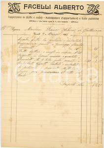 1914 VERCELLI Alberto FACELLI via Camillo Leone 11- Tappezziere stoffe *Fattura Fattura commerciale d'epoca, manoscritta, su carta intestata.CONDIZIONI: F (piegature d'epoca, macchie e fioriture evidenti)PAGINE: 1  originale e autentica 1
