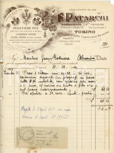 1914 TORINO - F. PATARCHI via Garibaldi 3 - Pelletterie fine - Fattura Fattura commerciale d'epoca, manoscritta, su carta intestata illustrata.CONDIZIONI: P (piegature d'epoca, fori da classificatore al lato sinistro, stappi al lato destro e mancanza all'angolo superiore destro)PAGINE: 1     originale e autentica 1