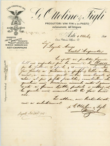1911 ASTI - G. OTTOLINO & Figli - Produttori vini fini e da pasto  *Lettera Lettera commerciale d'epoca, manoscritta, su carta intestata.Asti - corso Vittorio Alfieri 43CONDIZIONI: F (piegature d'epoca, piccolo strappo al lato destro, piccoli fori nella parte inferiore lungo la linea di piegatura)PAGINE: 1    originale e autentica 1